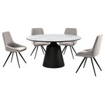 Armen Living - Knox Alison 5 Piece Dining Set With Gray Velvet Chairs - Enjoy an intimate meal or host a dinner party with the Knox Genesis 5 Piece Dining Set with Stone Top and Faux Leather Chairs. This set includes 1 Knox dining table and 4 Genesis dining chairs. The Genesis dining chair features a beautifully sculpted back to attain a tailored and inviting look. Perched upon slender black metal legs, the Genesis dining room chair keeps your home looking airy and spacious. Its tall back beautifully widens at the bottom to provide exceptional lumbar support and comfort. Finished off with a padded seat, our dining table chair offers a comfortable seat anywhere in your dining room, kitchen, living area, or home office. The dining chair is upholstered in UV and stain-resistant faux leather which does not crack or fade easily to offer easy maintenance. The refined and distinctive silhouette of the dining table attains a statement-making appeal in any room. It features a perfectly rounded tabletop perched upon an eye-catching pedestal base. Its sintered stone tabletop depicts the graceful and natural textures of white marble to add a polished touch to your casual or formal meals. This tabletop is resistant to etching, scratches, burns, and stains as a durable yet elegant alternative to quartz. It is perched upon a black metal base to attain contrast and a versatile appeal. The round dining table can comfortably seat up to six individuals for enjoying meals in your kitchen, dining room, or living space. A 55" round shape allows the table to function as a natural hub for conversations. The Knox Genesis dining set is available in 5 or 7 piece set configurations and features a white stone tabletop with black metal base and your choice of taupe gray or beige faux leather upholstered dining chairs.