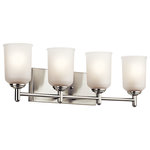 Kichler - Bath 4-Light, Brushed Nickel - The straight lines and up-sized satin etched glass of this Brushed Nickel 4 light bath light from the Shailene Collection create the perfect casual look for the updated urban lifestyle.