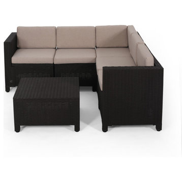 Riley Outdoor 5 Seater Faux Wicker Sectional Sofa Set, Dark Brown, Beige