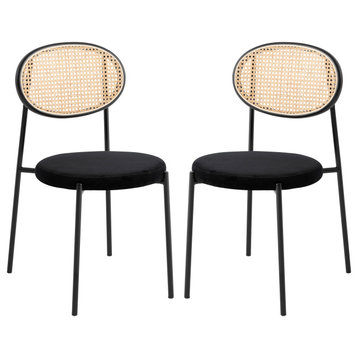 LeisureMod Euston Dining Chair with Wicker Back & Velvet Seat Set of 2, Black