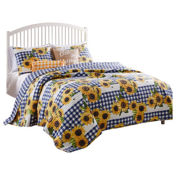 Benzara BM245669 3 Piece King Quilt Set With Sunflower Print, Yellow