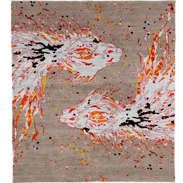 Fish Wool Hand Knotted Rug, 6' Square