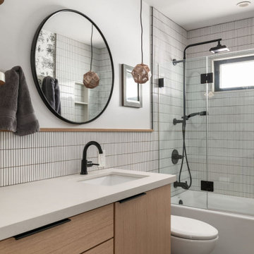 Bathroom, wood vanity, round mirror — OSW, Reno interior design by Find Design