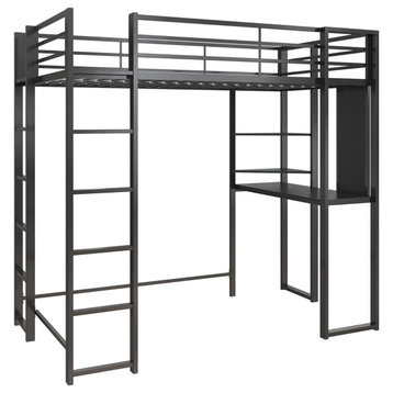 Twin Metal Loft Bed, Safety Guard Rails and Built, Desk With 2 Ladders, Black