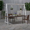 Chloe Outdoor Acacia Wood 88.5" Dining Table With Iron Plant Hanger, Dark Brown, White