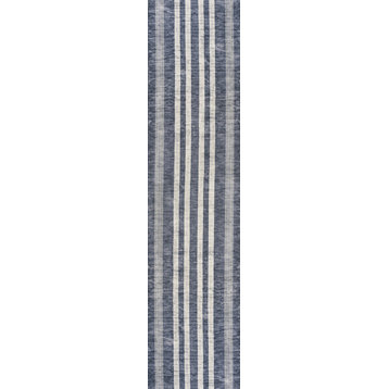 Vichy Geometric Striped Machine-Washable Area Rug, Slate Gray/Ivory, 2 X 8