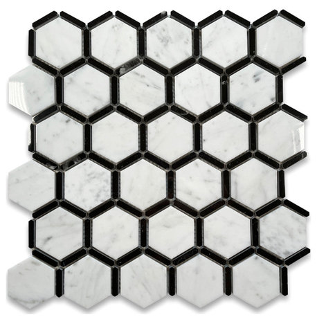 Carrara White Marble Hexagon Nero Marquina Strips Mosaic Tile Polished, 1 sheet