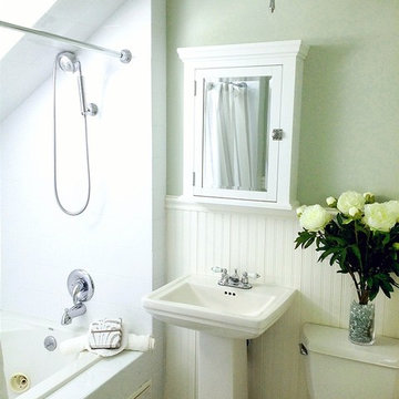Small Green And White Master Bathroom With Carrara Marble Floor