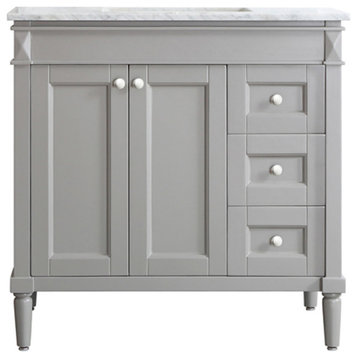 Catania 36" Single Gray Vanity With Carrara White Marble Top, Without Mirror