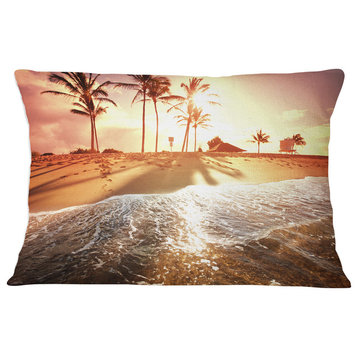 Colorful Tropical Beach with Palms Modern Beach Throw Pillow, 12"x20"