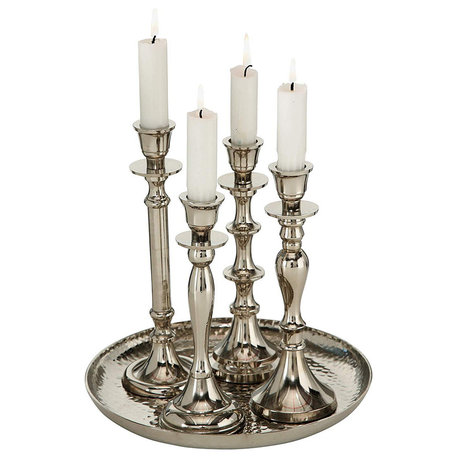 5 Piece Table Top Silver Candle Stick Holders On Tray