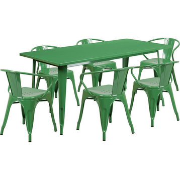 31.5''x63'' Rectangular Metal Indoor Table Set with 6 Arm Chairs, Green