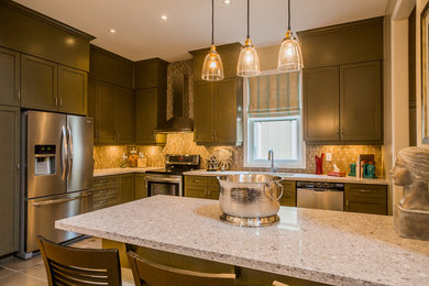 Inspiration for a mid-sized timeless u-shaped porcelain tile and gray floor enclosed kitchen remodel in Toronto with shaker cabinets, gray cabinets, granite countertops, beige backsplash, porcelain backsplash, stainless steel appliances and a peninsula