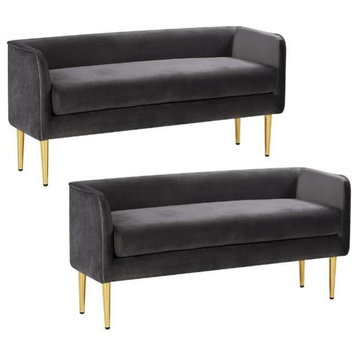 Home Square 2 Piece Contemporary Velvet Bench Set in Gray