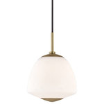 Mitzi by Hudson Valley Lighting - Jane 1-Light Small Pendant, Aged Brass - One way to think about Jane is as a contemporary spin on the schoolhouse tradition. These lights always had similarly-shaped white milk glass shades featuring the fluting and filigree of their age. Smoothing out these lines into a sophisticated simplicity, adding metal accents at base and holder, and completing the look with a fabric-covered cord, Jane updates the look for a feel that's effortlessly cool.