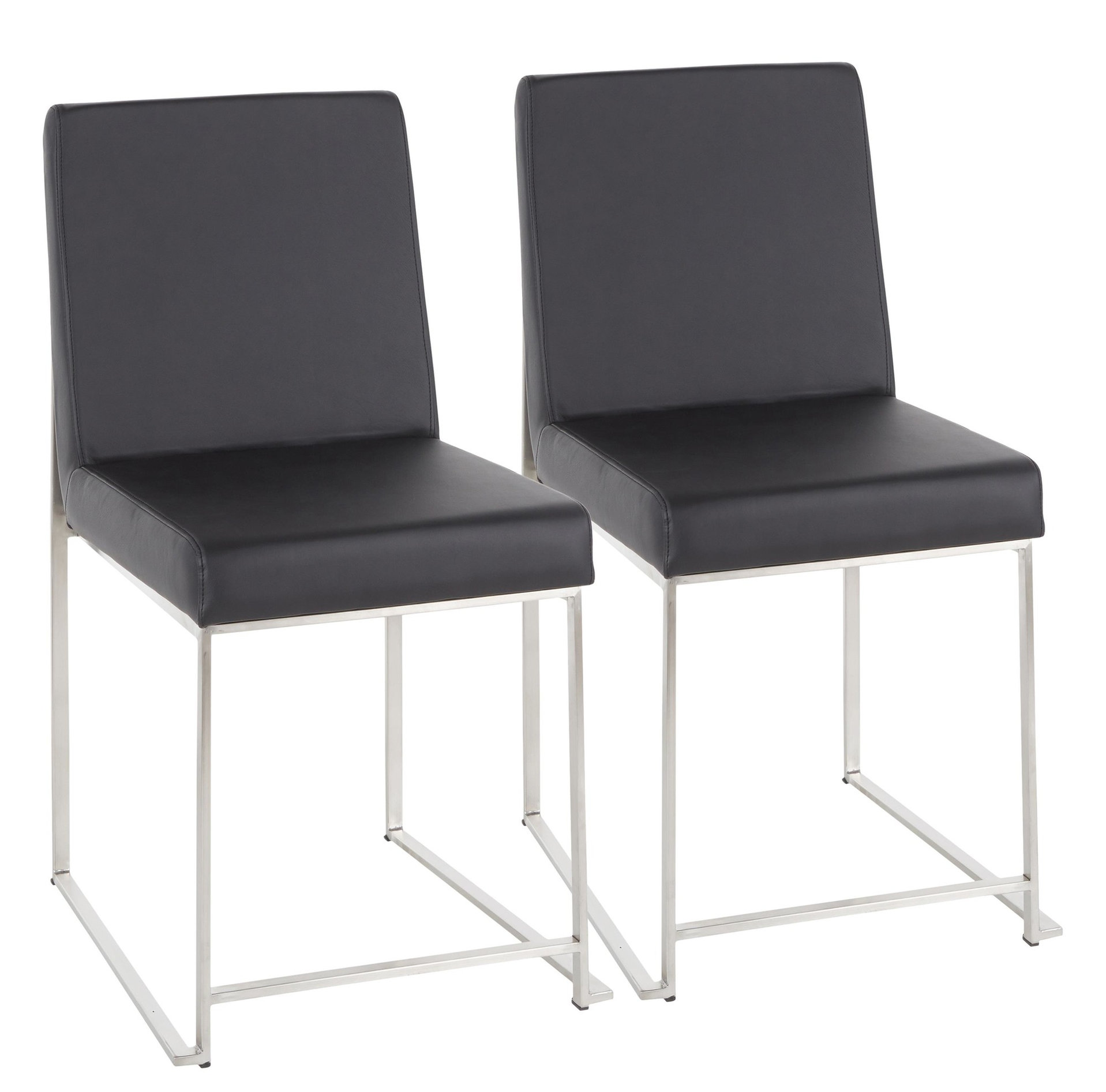 High Back Fuji Dining Chair, Set of 2, Brushed Stainless Steel, Black Pu