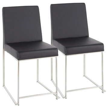 High Back Fuji Dining Chair, Set of 2, Brushed Stainless Steel, Black Pu