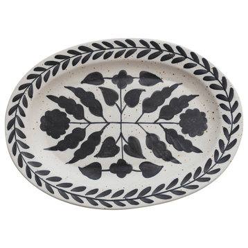 Hand Painted Stoneware Platter with Floral Design, Black and White