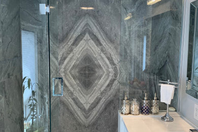 Inspiration for a mid-sized transitional master walk-in shower remodel in Other with a hinged shower door and a built-in vanity