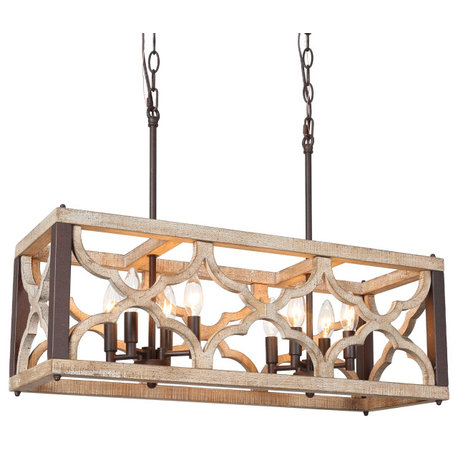 LNC 8-Light Distressed Wood 27.5" Chandelier, Rectangle, Farmhouse