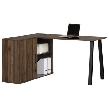 Contemporary L-Shaped Desk, Large Top With Built In Power Bar, Natural Walnut