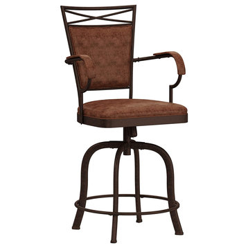 Industrial Bar Stool, Metal Frame With Swivel Weathered Brown Faux Leather Seat,