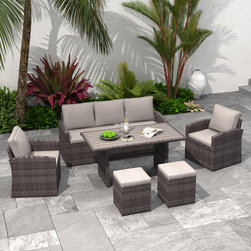Patio Dinning Table Set Outdoor Dining Set (Dark Gold Wicker Sandy Cushions) - Outdoor Dining Sets