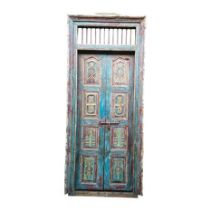 Consigned Antique Indo Poruguese Blue Double Doors Rustic Solid Teak Door