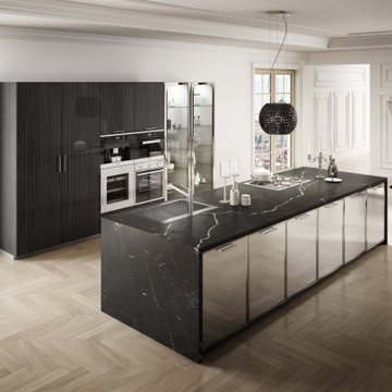 Modern black kitchen with stainless steel cabinets