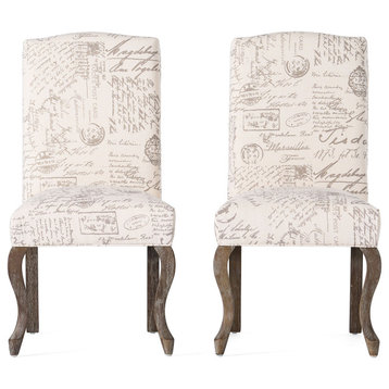GDF Studio Crown Back French Script Beige Fabric Dining Chairs, Set of 2
