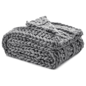 Light Gray Knitted Polyester Solid Color Throw Blanket