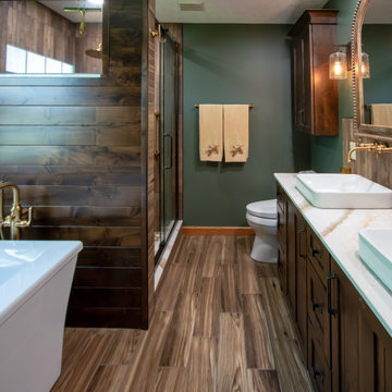 Custom Rustic Bathroom with Knotty Alder Vanity and Cambria Quartz