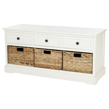 Contemporary Storage Bench, Pine Frame With Drawers & Baskets, Distressed Cream