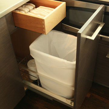 Integrated Trash Bin Pull-Out with Concealed Drawer