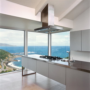 Contemporary kitchen pantry inspiration - Example of a trendy l-shaped concrete floor kitchen pantry design in Wellington with a single-bowl sink, gray cabinets, stainless steel countertops, stainless steel appliances and an island