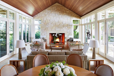 Mid-sized transitional formal open concept living room in San Francisco with beige walls, a standard fireplace, a stone fireplace surround, no tv and porcelain floors.