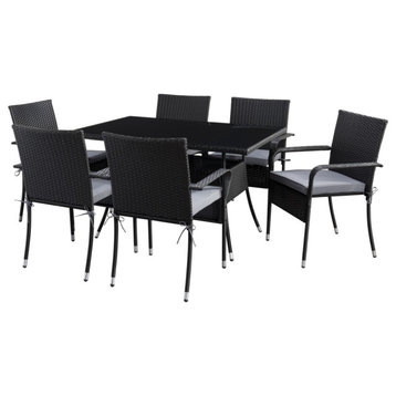 Parksville Patio Dining Set With Stackable Chairs Black/Ash Grey Cushions 7pc