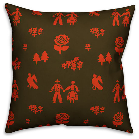 Folk Forest Motif, Red Outdoor Throw Pillow, 20"x20"