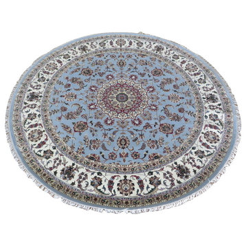 8x8 Round Handmade Blue Fine Tabriz Kashan, Silk Oriental Rug