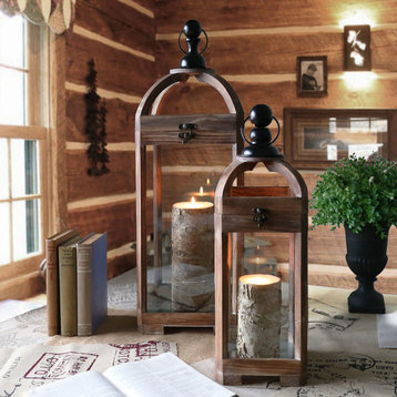 Wood Lanterns With Metal Finial Top, Ring Handle and Glass Body, 2-Piece Set