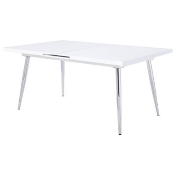 Modern Dining Table, Chrome Metal Legs With Expandable Wooden Top, White