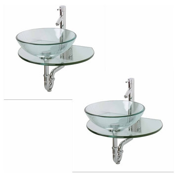 Wall Mount Tempered Glass Vessel Sink Round and Clear with Faucet and Drain
