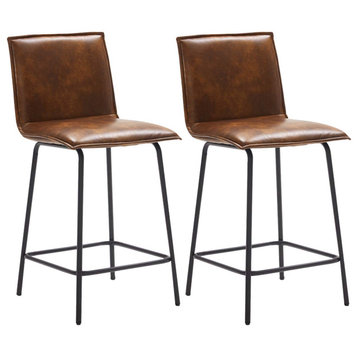 Set of 2 Modest Faux Leather Counter Stools, 24 Inch, Yellowish Brown