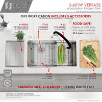 STYLISH 32 in Workstation Double Bowl Undermount Kitchen Sink with Accessories