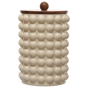 6.75" Round Stoneware Canister, Raised Dots, Acacia Wood Lid, White, Natural
