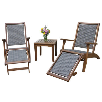 3-Piece Eucalyptus and Wicker Lounger Set With Ottoman and Square Accent Table