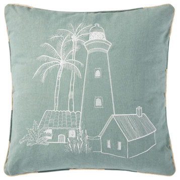 Blue 22"x22" In/out Lighthouse and Palm Embroidered Throw Pillow