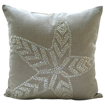 Ecru Beige Beach Pillow Covers Linen 20"x20" Throw Pillow Cover, Starfish Pearls