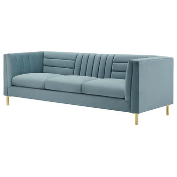 Channel Tufted Sofa, Velvet Couch, Light Blue
