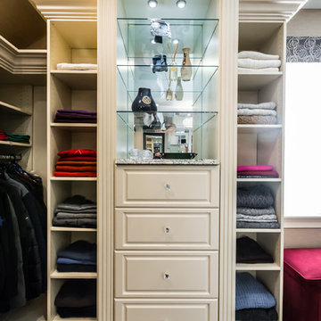 Serene Walk in Closet, fluted molding, rosettes, crystal knobs, granite, glass s